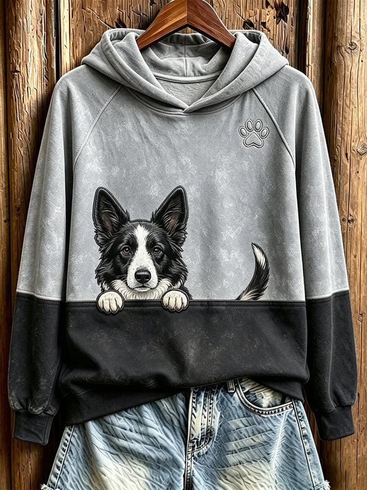 Damen Peeking Border Collie & Paw Print Kontrast farbe Gemütliches Sweatshirt