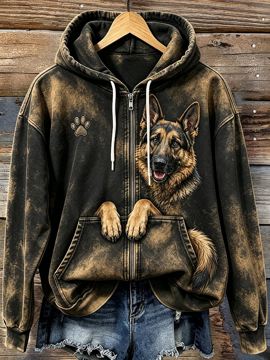 Kvinners søtt kikende tysk Shepherd & Paw Print Cozy zip-Up Hoodiee