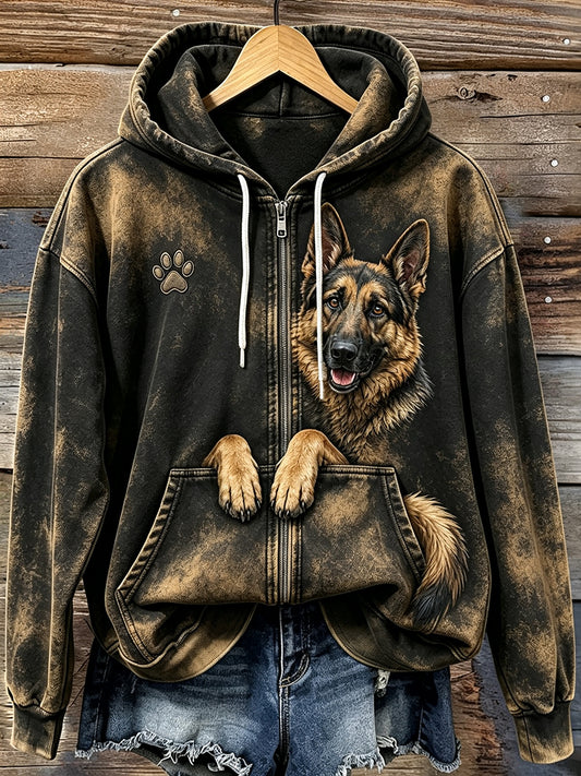 Kvinners søtt kikende tysk Shepherd & Paw Print Cozy zip-Up Hoodiee