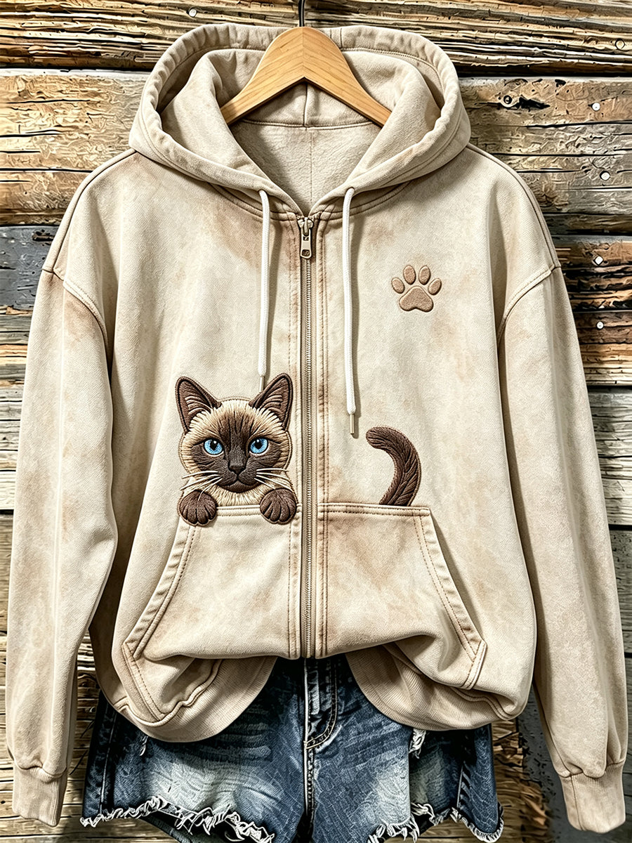 Kvinders søde kat & tas Print Vintage Cozy Zip-Up Hoodie Vintagen