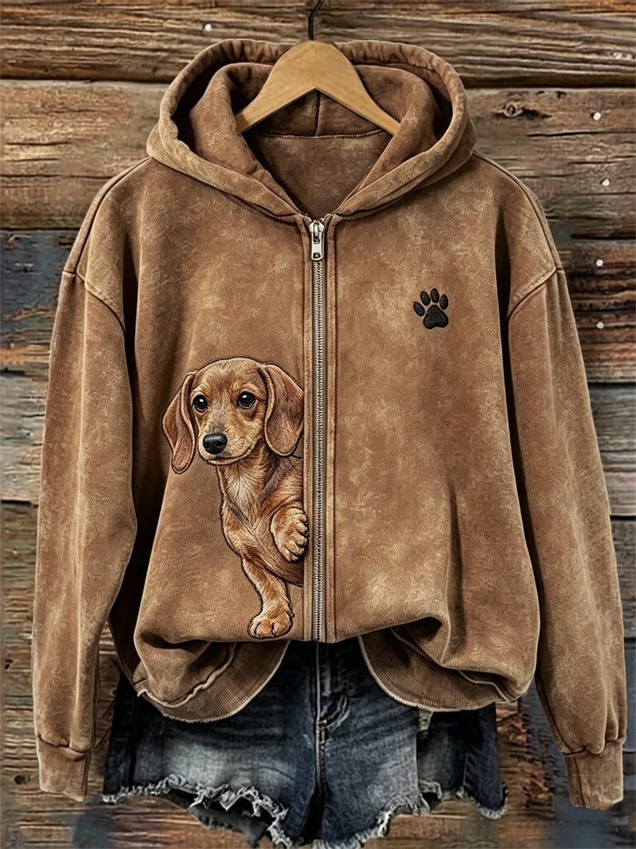 Kvinders kikende hund hund & tas Print fuld Zip Hoodie.