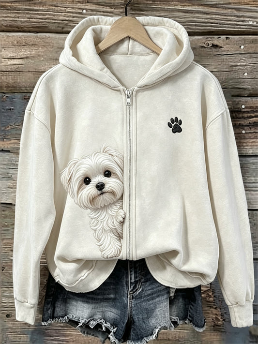 Kvinders kikende maltesiske hund & tas Print fuld Zip Hoodie.