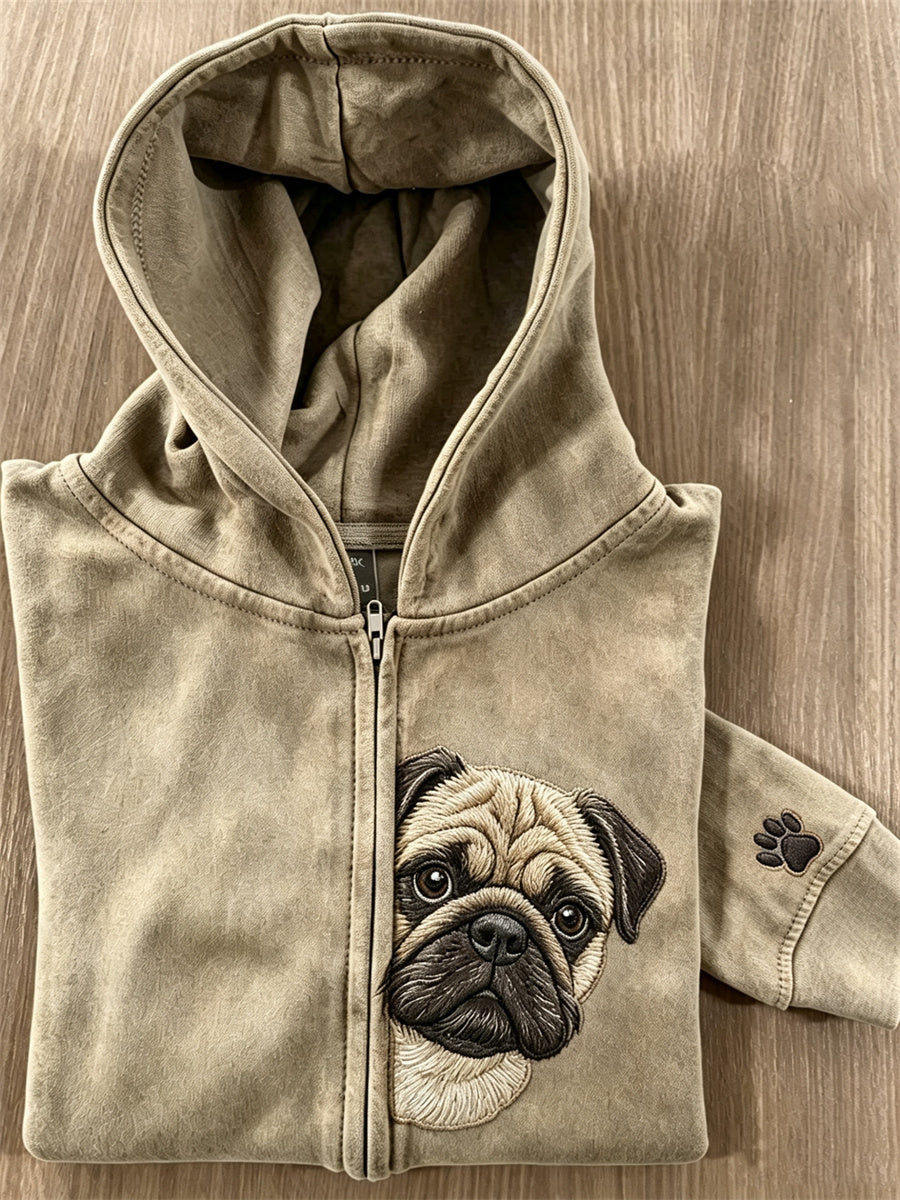 Kvinders kiggende Pug hund & tas Print fuld Zip Hoodie.