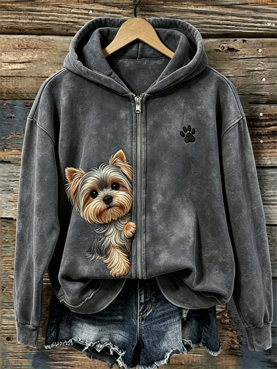 Kvinder kikkende Yorkshire hund & tas Print fuld Zip Hoodie.