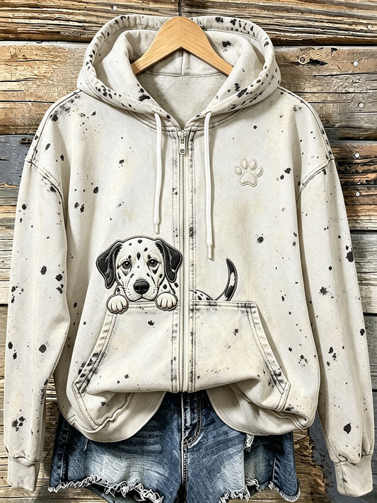 Kvinders søde Dalmatiner med tas Print Hyggeligt Zip-Up Hoodie.
