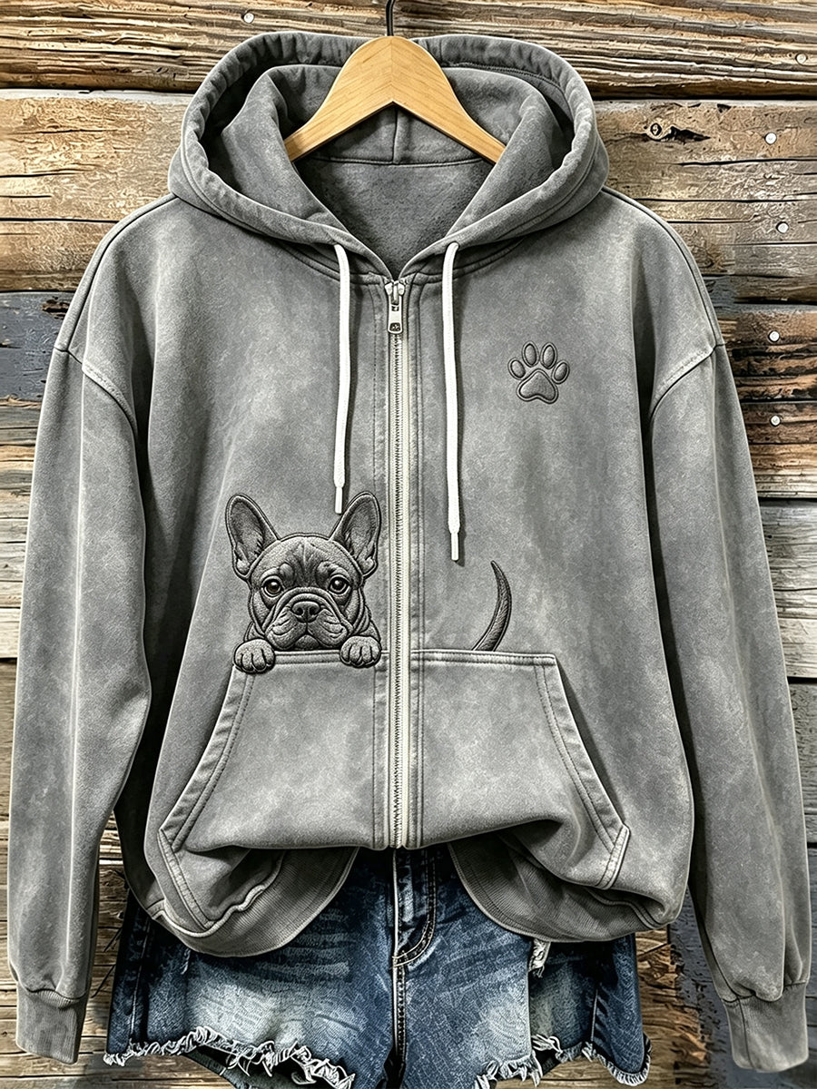 Kvinders søde kigge fransk Bulldog med tase Print hyggeligt zip-Up Hoodie.