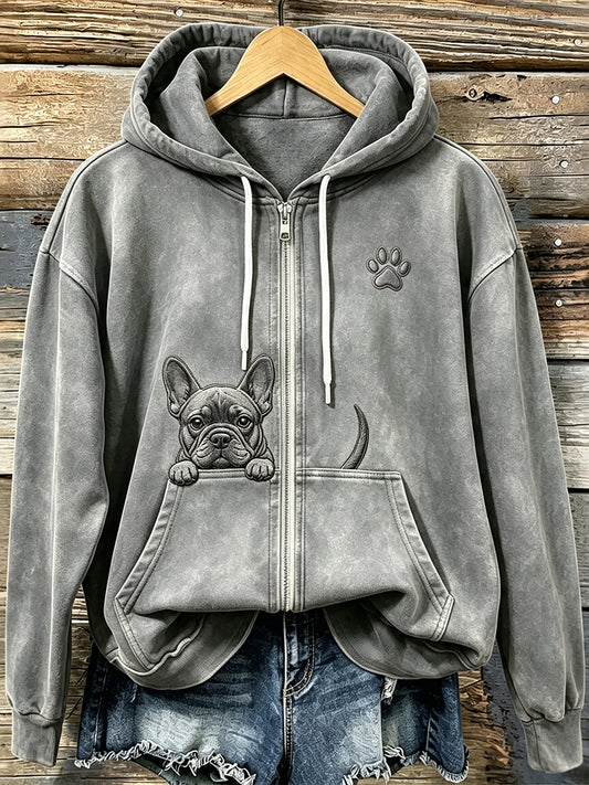Kvinders søde kigge fransk Bulldog med tase Print hyggeligt zip-Up Hoodie.