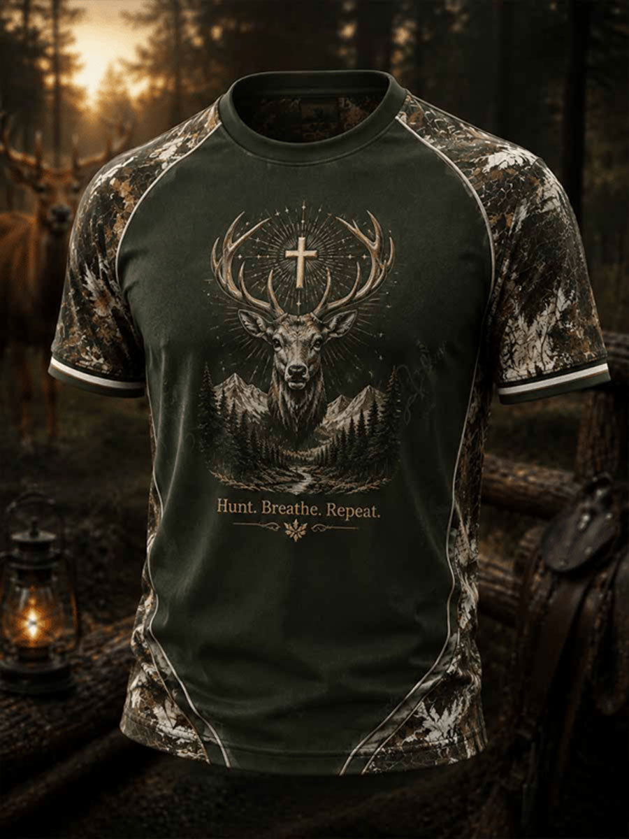 Mænds Vintage Traditionelle rensdyr mønster Western Short Sleeve T-shirt