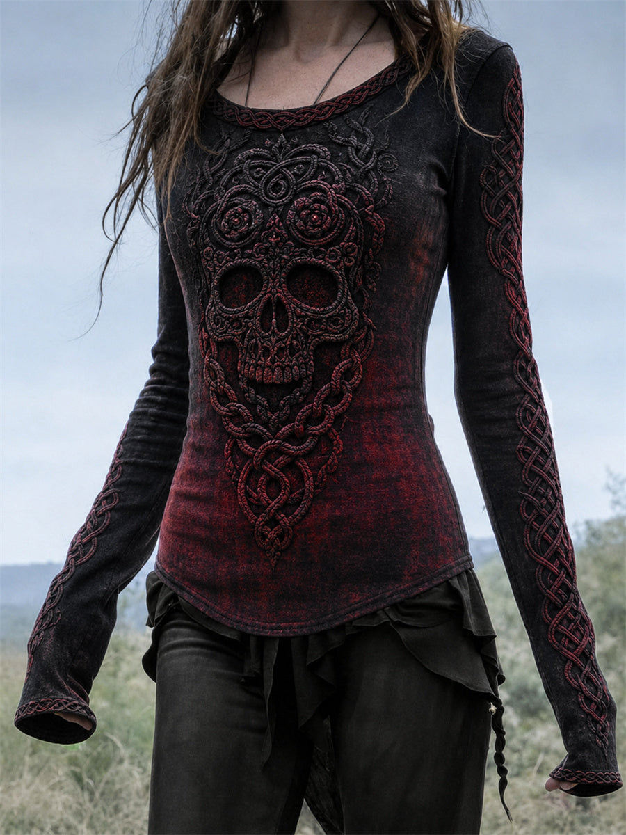 Kvinders Vintage Celtic Skull Viking Celtic Knob Bloddy Print rund hals lang-ærme T-shirt