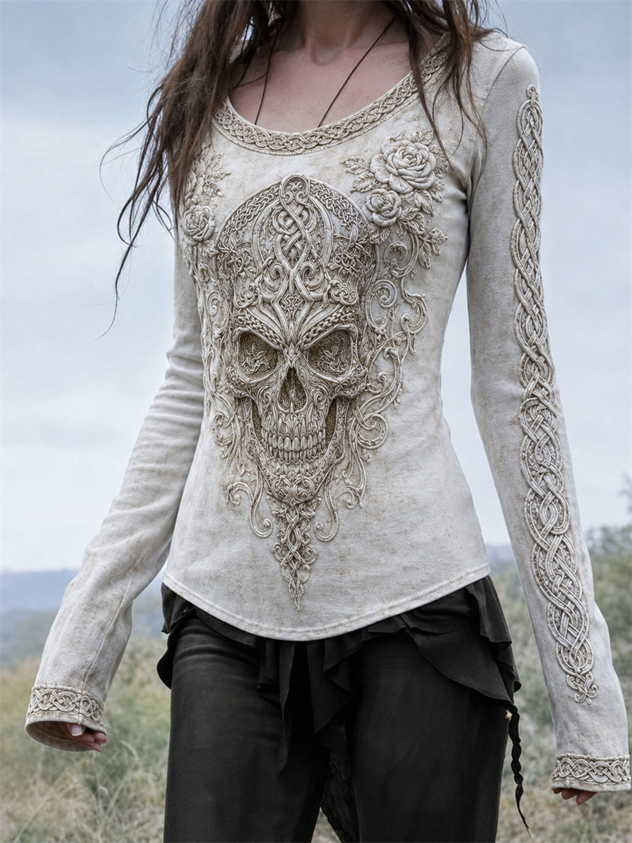 Kvinders klasse Celtic Skull Roser Viking Celtic Knob Print rund hals lang-ærme T-shirt
