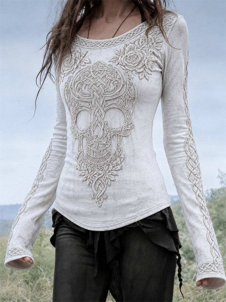Kvinders stilfulde celtisk hovedskaleroser viking celtisk knude print rundhalset langærmet t-shirt