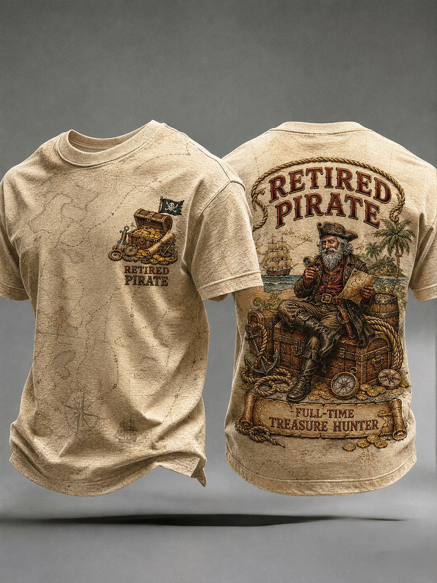 Mænds Retro "pensioneret pirat - fuld tid skatjæger" Trykt Casual T-shirt