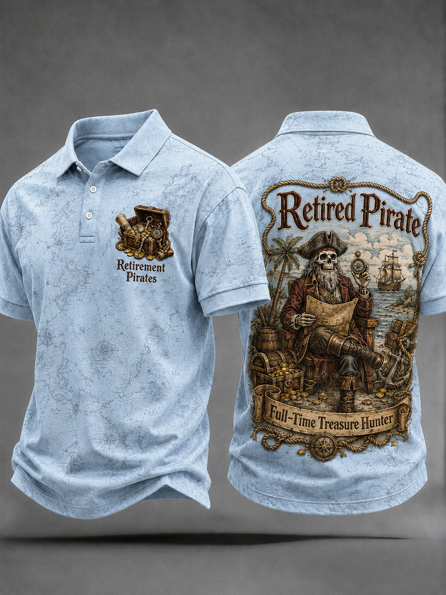 Mænds retro polo-shirt med print: „Pensioneret sørøver – på fuld tid skattejæger“