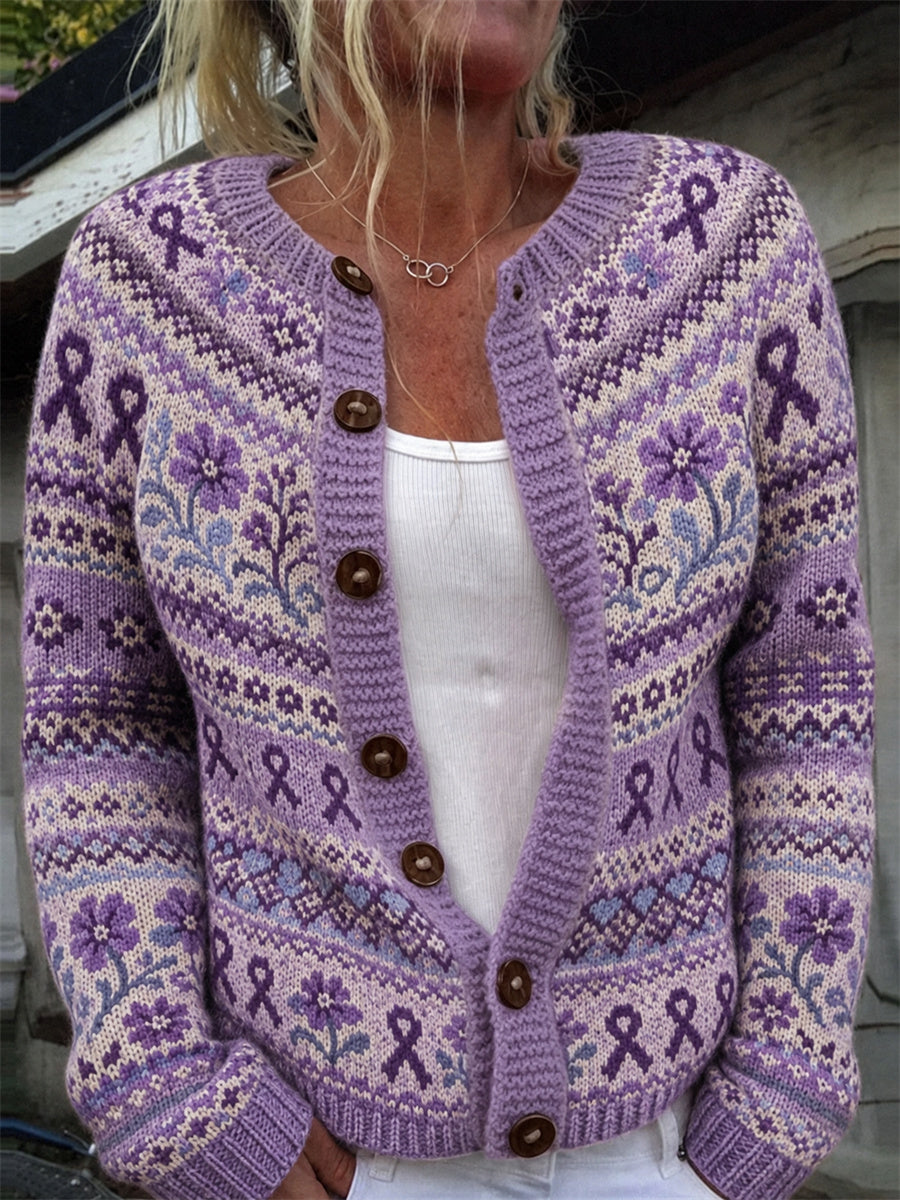 Kvindernes vintage lilla bånd og blomster ø-mønster print cardigan
