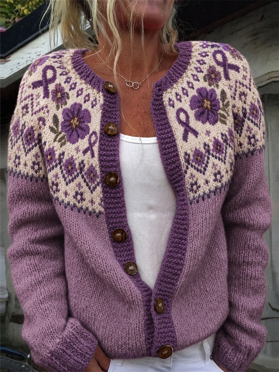 Kvinders Vintage Lilla Ribbon & Flowers Yoke Isle Mønster Print Cardigan