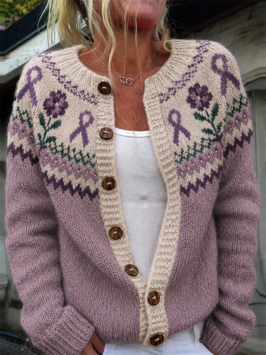 Kvinders vintage lilla bånd og blomster spændeparti Isle mønster print cardigan