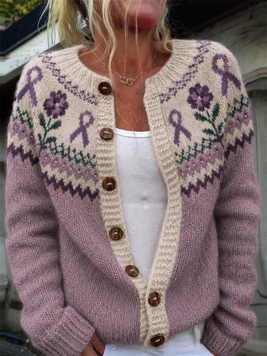 Kvinders vintage lilla bånd og blomster spændeparti Isle mønster print cardigan