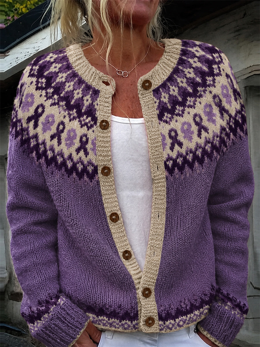Kvinders Vintage Lilla Ribbon Yoke Isle mønster Print Cardigan