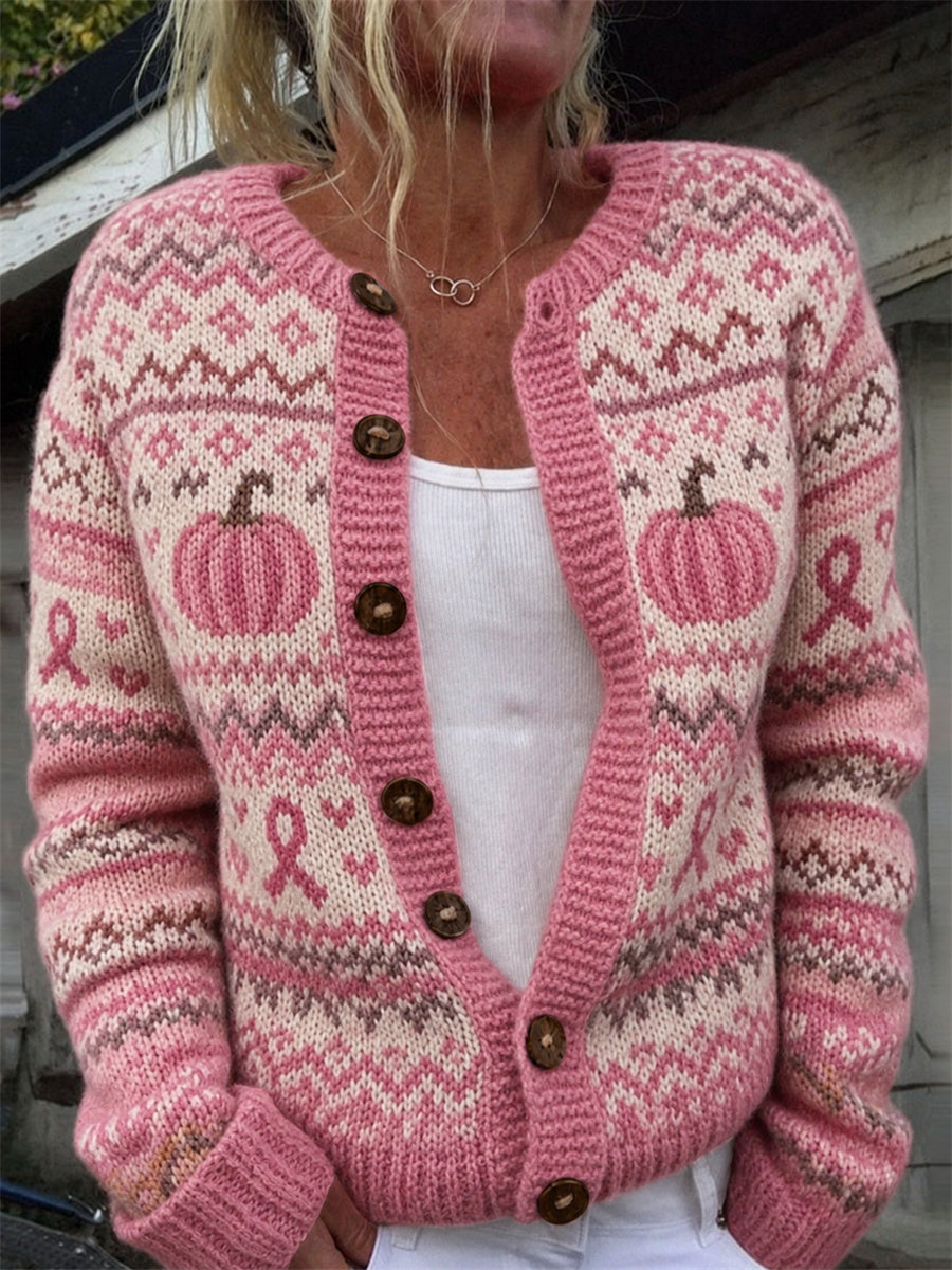 Kvinders Vintage Pink græskar & Pink Ribbon Isle Mønster Print Cardigan