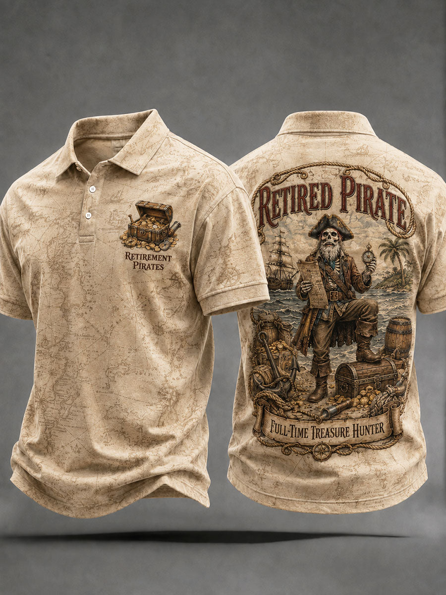 Mænds Retro "pensioneret pirat - fuld tid skatjæger" Trykte Casual Polo skjorte