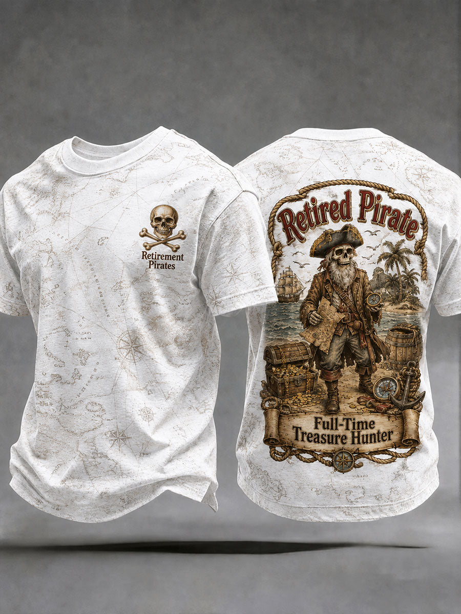 Mænds retro t-shirt med tryk: „Pensioneret sørøver – fuldtidsskattejæger“ til hverdagsbrug