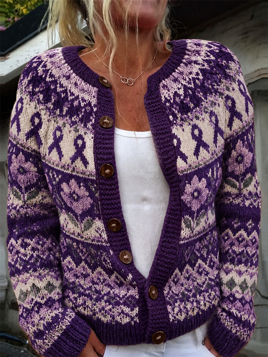 Kvinders Vintage Lilla Ribbon & Flowers Isle Mønster Print Cardigan