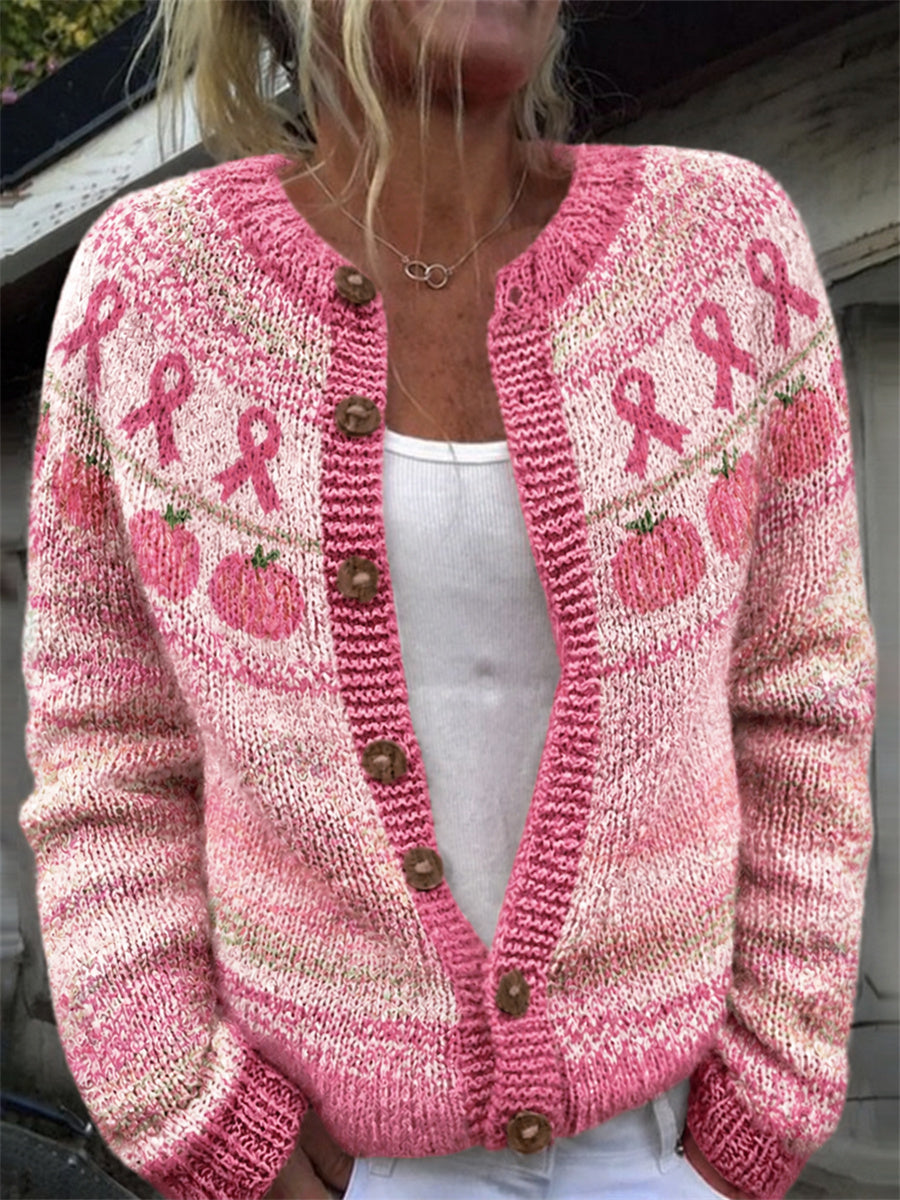 Kvinders Vintage Pink græskar & Pink Ribbon Yoke mønster Print Cardigan