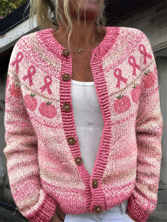 Kvinders Vintage Pink græskar & Pink Ribbon Yoke mønster Print Cardigan
