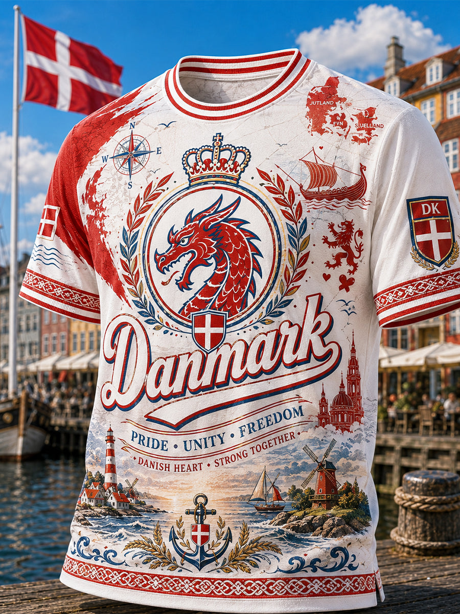 Mænds danske patriotiske t-shirt med rund hals og korte ærmer