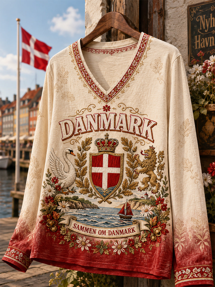 Kvinders Danmark Patriotisk V-hals Langærme T-shirt