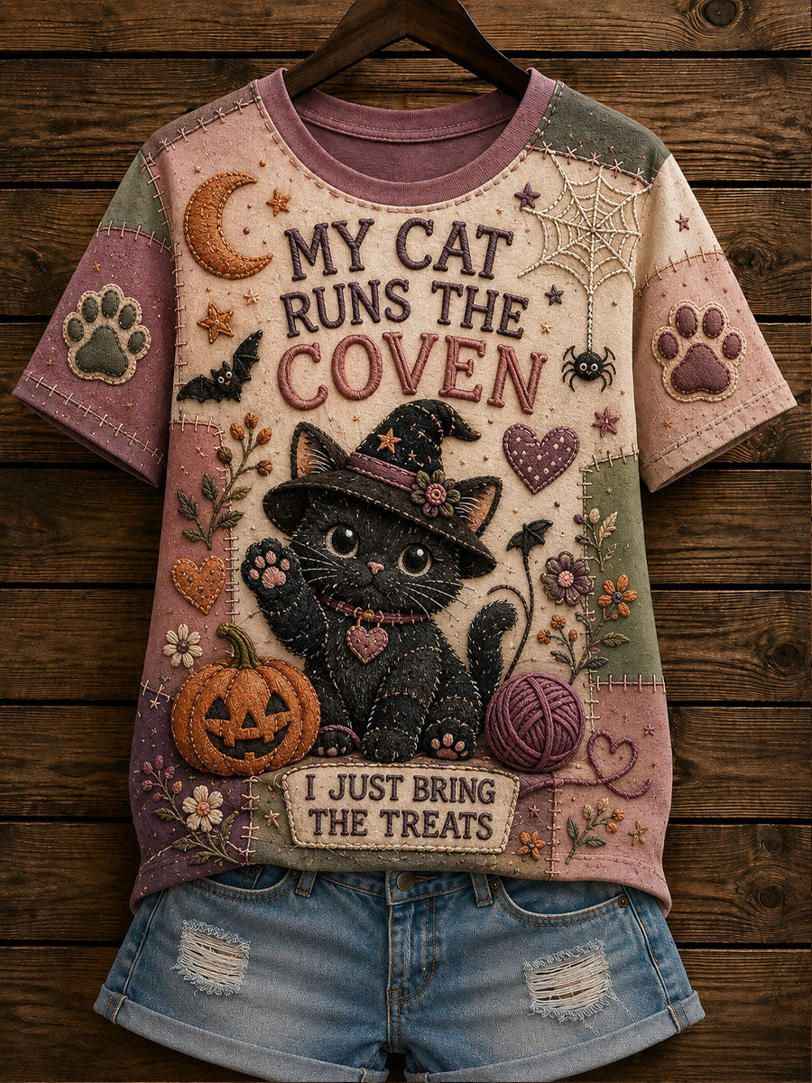 Kvinders lappeværk kat-Print Casual T-shirt