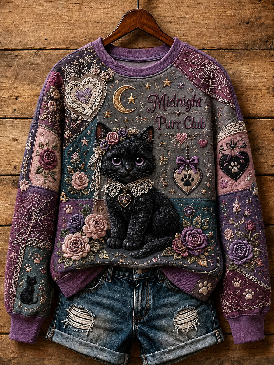 Kvinders patchwork-sweatshirt med katteprint, i hverdagstil