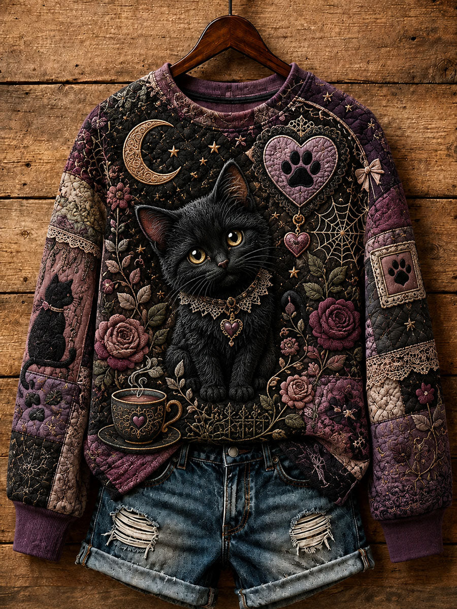 Kvinders patchwork-sweatshirt med katteprint, i hverdagstil