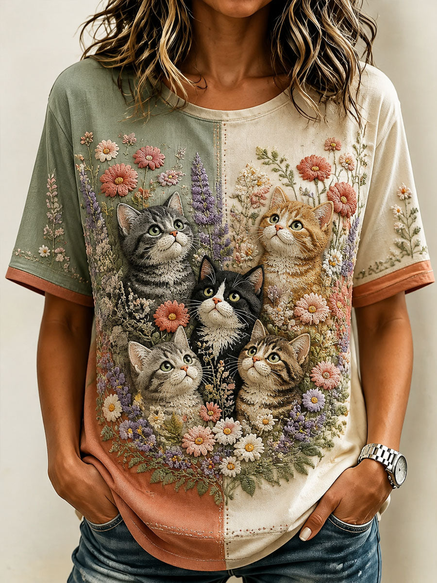 Kvinder kat elskerdag blomstertrykt Casual T-shirt