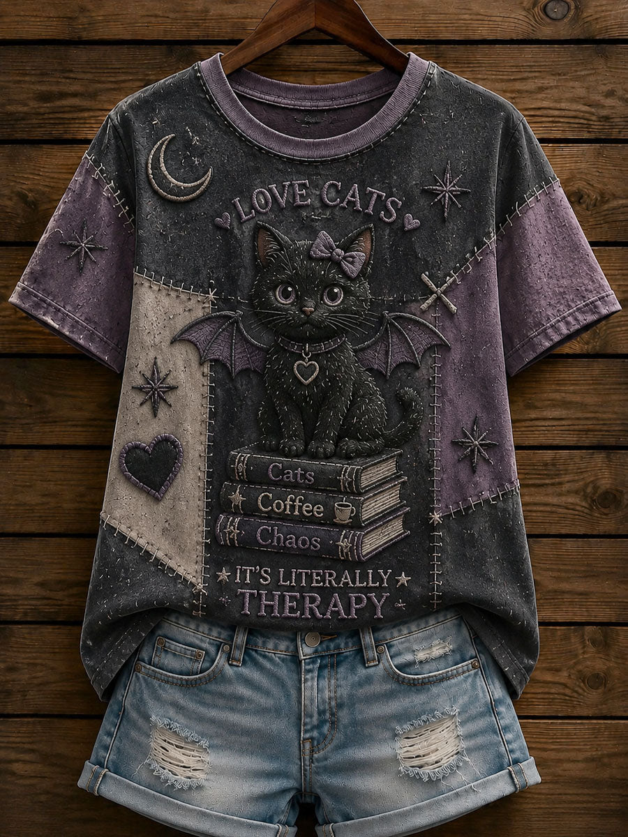 Kvinders patchwork-casual t-shirt med katteprint