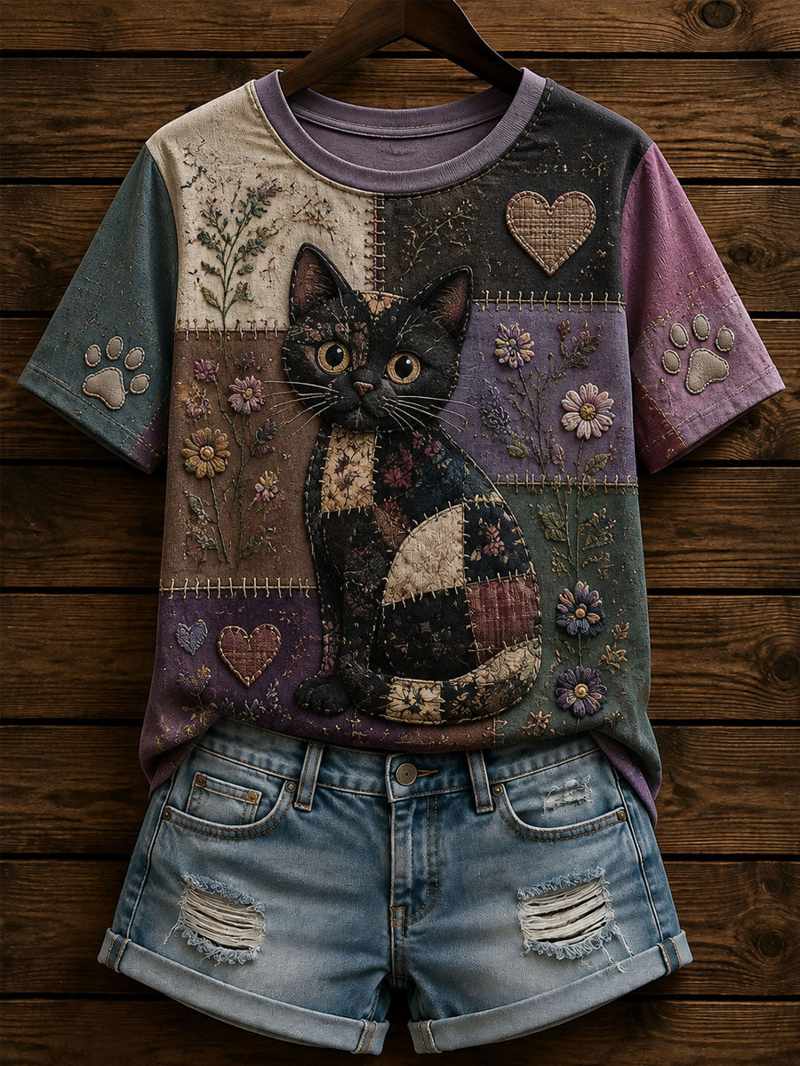 Kvinders patchwork blomsterkat Print Casual Short-Sleeved T-shirt