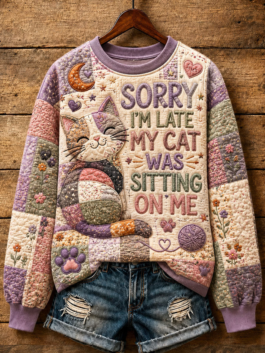Kvinders patchwork-sweatshirt med katteprint, i hverdagstil