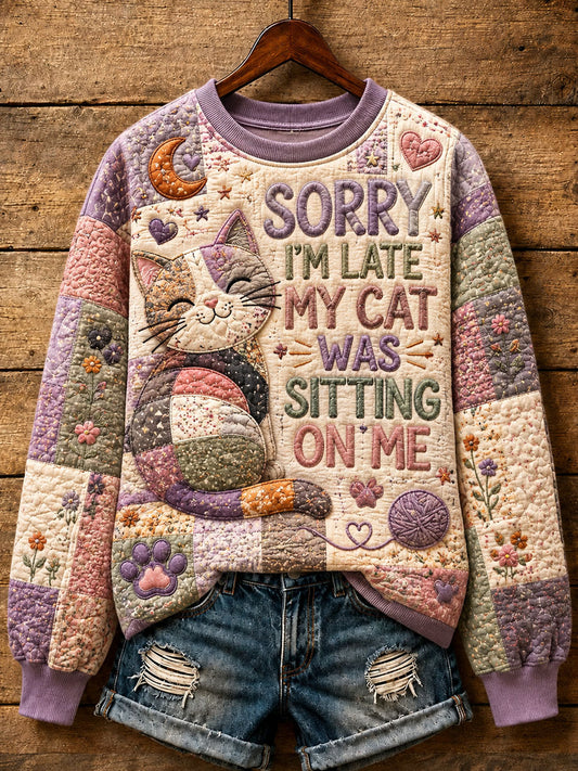 Kvinders patchwork-sweatshirt med katteprint, i hverdagstil