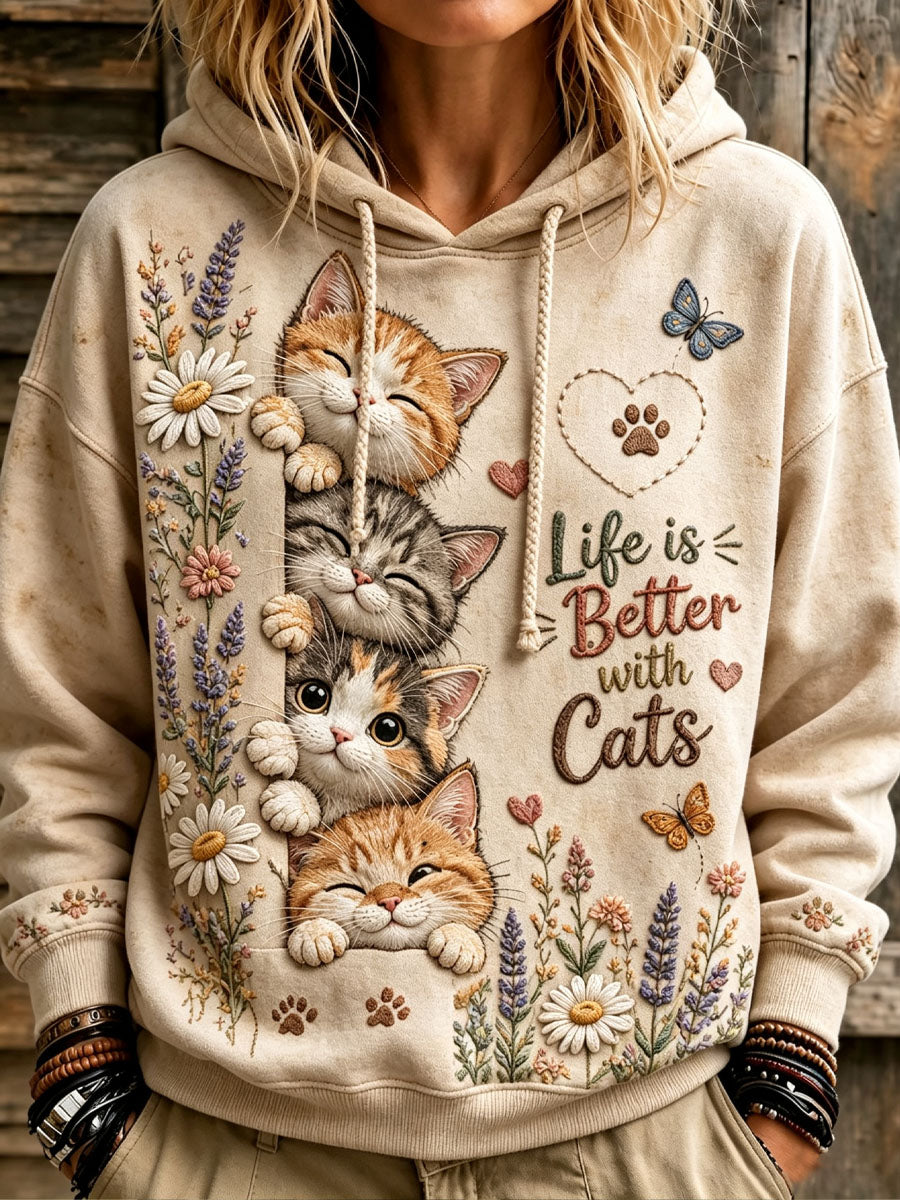 Kvinders søde kat og blomster Print Casual Hoodies