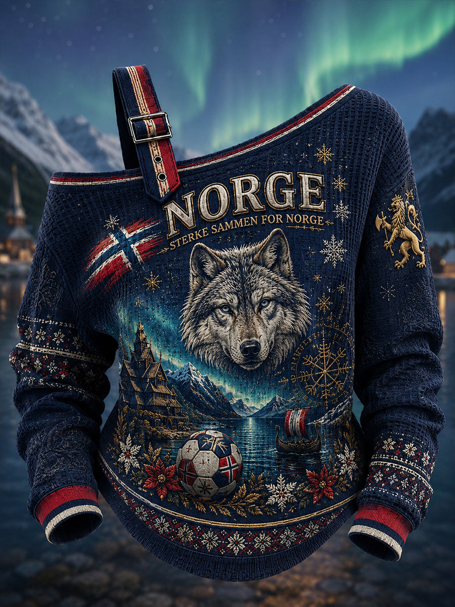 Kvinders norske fodboldprint afslappet skulderløst sweatshirt