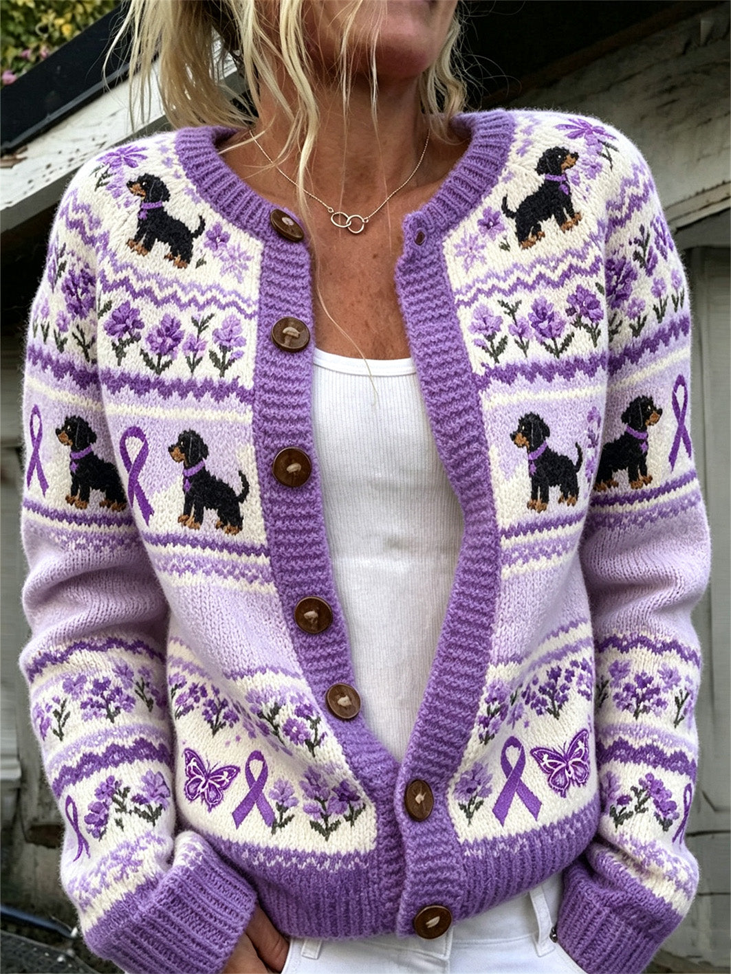 Kvinders søde hund med lilla velgørenhed bånd mønster trykt afslappet cardigan