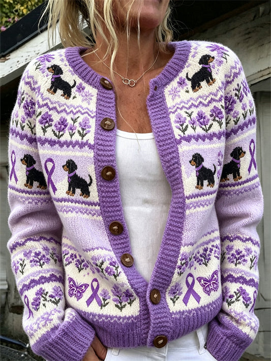 Kvinders søde hund med lilla velgørenhed bånd mønster trykt afslappet cardigan