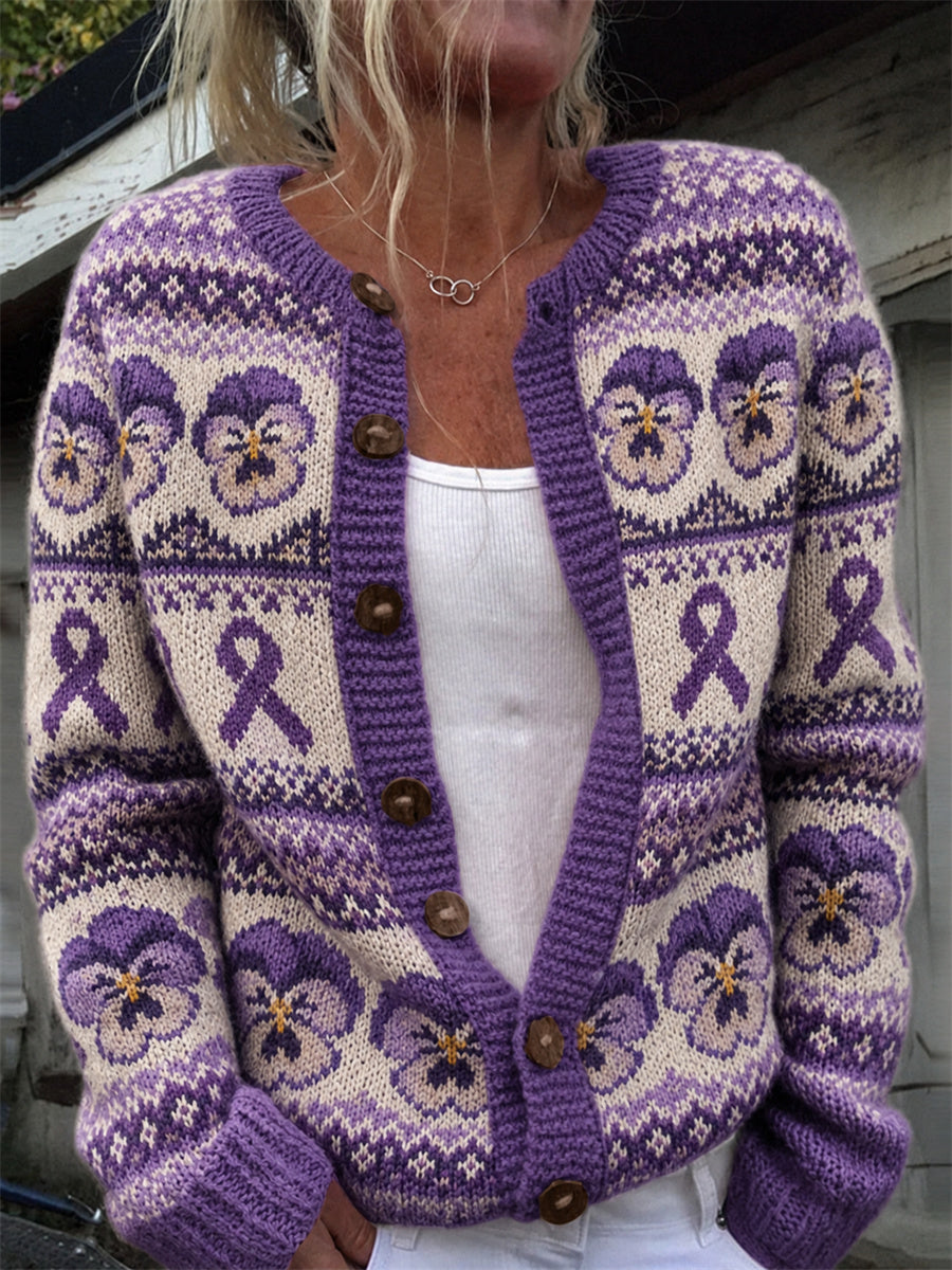 Kvinders vintage cardigan med violblomster, lilla bånd og ømønstre