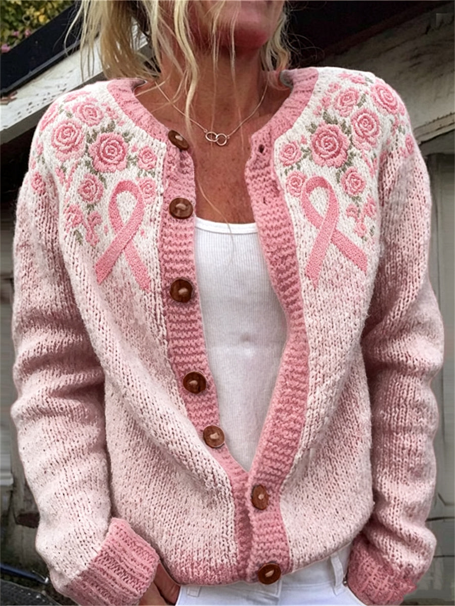 Kvinders vintage lyserøde roser brystkræftbånd Isle-mønsterprint cardigan