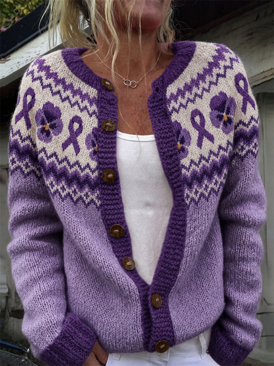 Kvinders Vintage Pansy Blomster Lilla Ribbon Yoke Isle mønster Print Cardigan