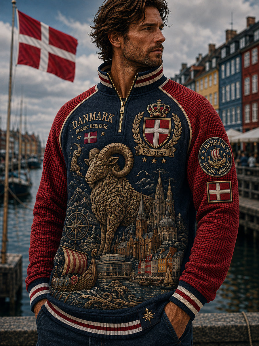 Mænds danske patriotiske sweatshirt med halv lynlås og opretstående krave