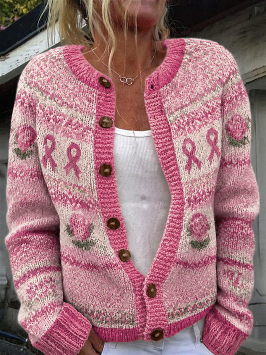 Kvinders vintage lyserøde roser brystkræftbånd Isle-mønsterprint cardigan