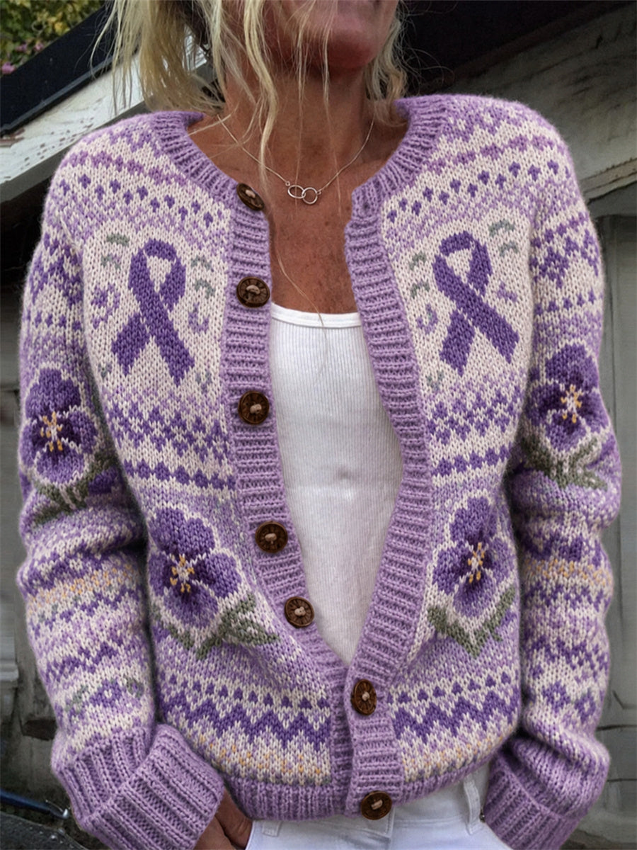 Kvinders vintage cardigan med violblomster, lilla bånd og ømønstre