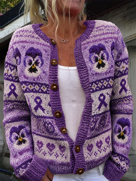 Kvinders Vintage Pansy Blomster Lilla Ribbon Isle Mønster Print Cardigan