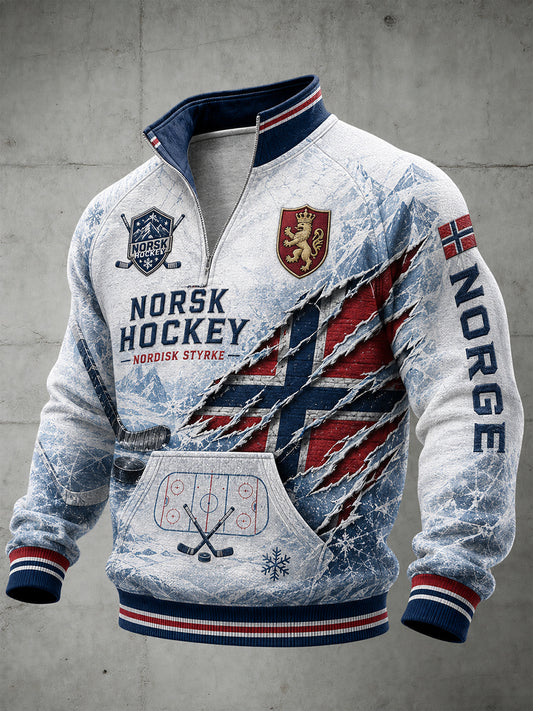 Herretrøje med raglanærmer og lynlås samt ishockeymotiv